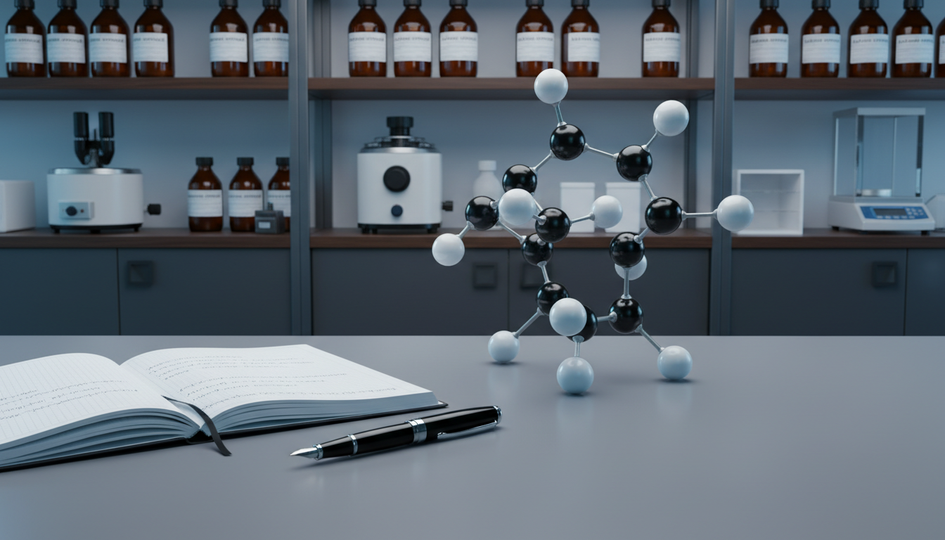 An immaculate slate-gray workstation neatly organized with an open scientific notebook, high-end black fountain pen, and stylish molecular model made of glossy spheres and chrome rods, all arranged on a spotless, matte-finish desktop. Sleek shelving in the background holds labeled reagent bottles and industry-standard instruments. Cool, soft studio lighting from the left creates gentle, controlled highlights and minimalistic shadows, enhancing the crisp lines and orderliness of the scene. Captured from a slightly elevated perspective with sharp focus throughout, the clean and modern photographic style supports a mood of calm intellectual rigor and methodical precision, ideal for conveying elite consulting services in medicinal chemistry.