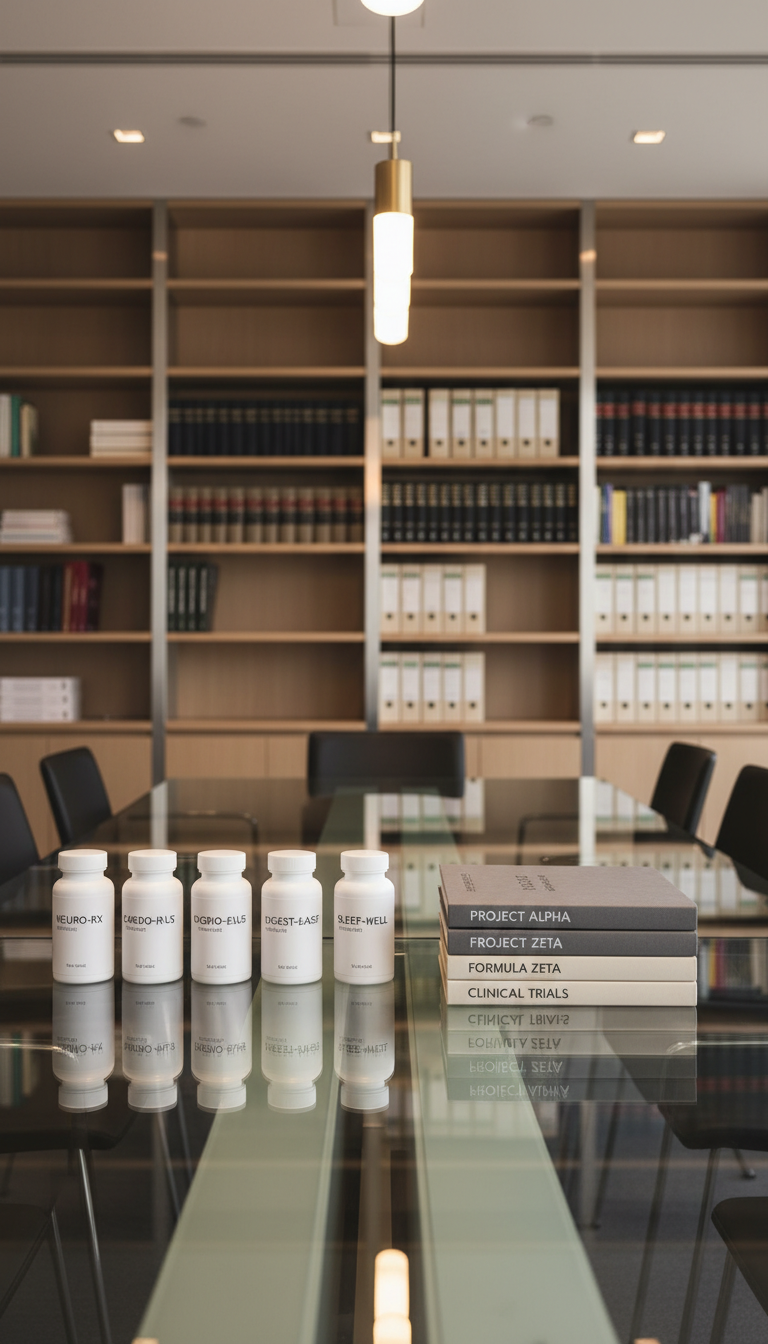 A row of elegant, matte-white medicine bottles with minimalist labeling, precisely lined up next to a stack of thick, bound pharmaceutical dossiers with clean, textured covers. The setting is a neutral-toned meeting room with a structured glass surface table and background shelving weighted with reference volumes and patent files neatly arranged. Subtle warm pendant lighting above casts delicate shadows and highlights, creating a composed and orderly corporate ambiance. The camera angle is at table height, emphasizing balance and linearity, while sharp focus throughout complements the photographic realism. The image delivers a calm, authoritative, and trustworthy mood suited to a high-end consulting environment.