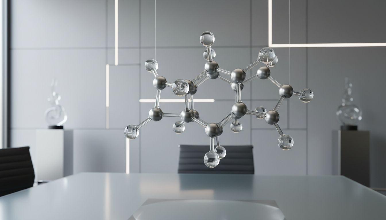 A close-up of a highly detailed, transparent three-dimensional chemical structure model, constructed from glass and polished metal, suspended within a neutral, ultra-modern office space. The background features seamless light-gray wall panels and a few geometric accents, with subtle reflections on a glass tabletop below. Natural diffused daylight from a large unseen window gives the model soft highlights and subtle rim lighting, accentuating its complexity. The mood is analytical, refined, and forward-thinking, suited for a corporate environment. The shot uses an asymmetrical composition with shallow depth of field, ensuring the intricate model stands in sharp focus while the background melds into gentle bokeh, evoking a sense of sophisticated problem-solving.